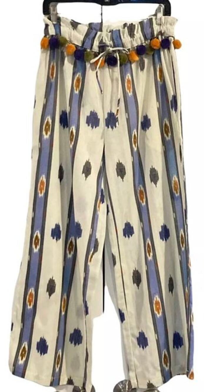 Ollari white striped pom pom boho pants. Xsmall. New with tags